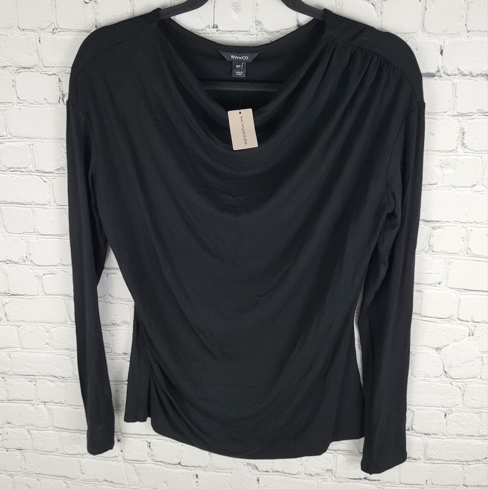 RW&CO. | long sleeve stretch drapey neck ruched blouse